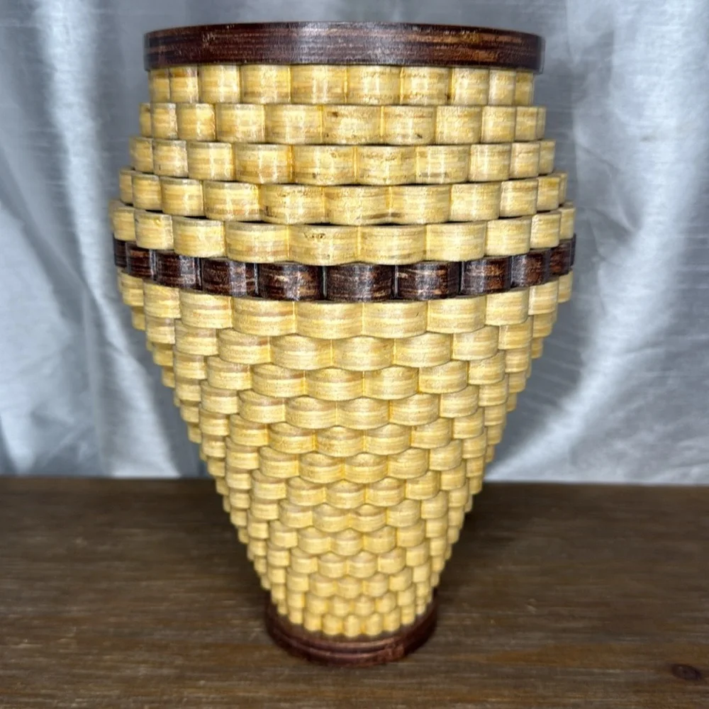 Handcrafted 9” Wooden Tornado Basket Vase Scalloped 2012 Signed Glazed